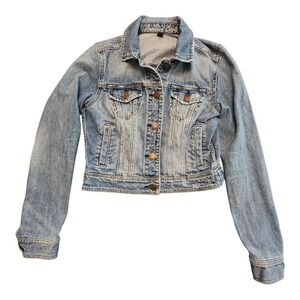 American Eagle Cropped Denim Jacket Women's Small Button Up Distressed Blue‎